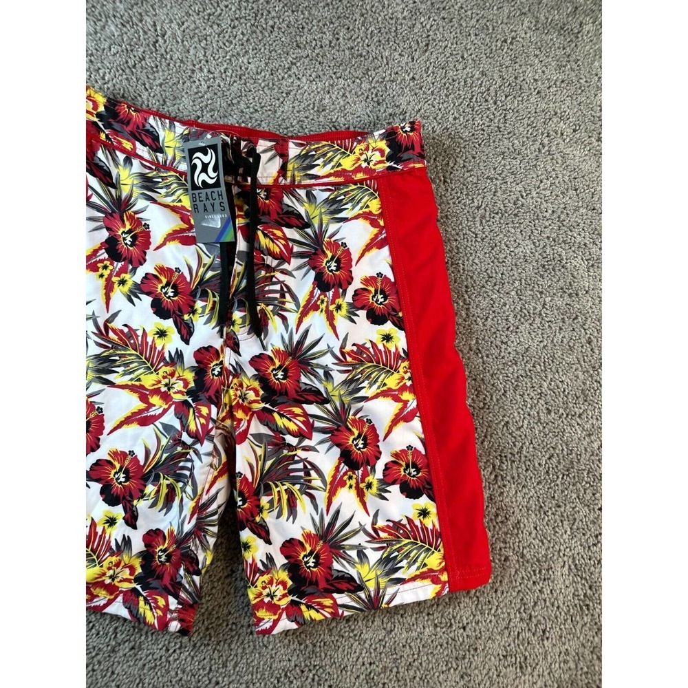 NEW Beach Rays Swim Trunks Mens Small Red Hawaiian Hibiscus Flower Bathing Suit